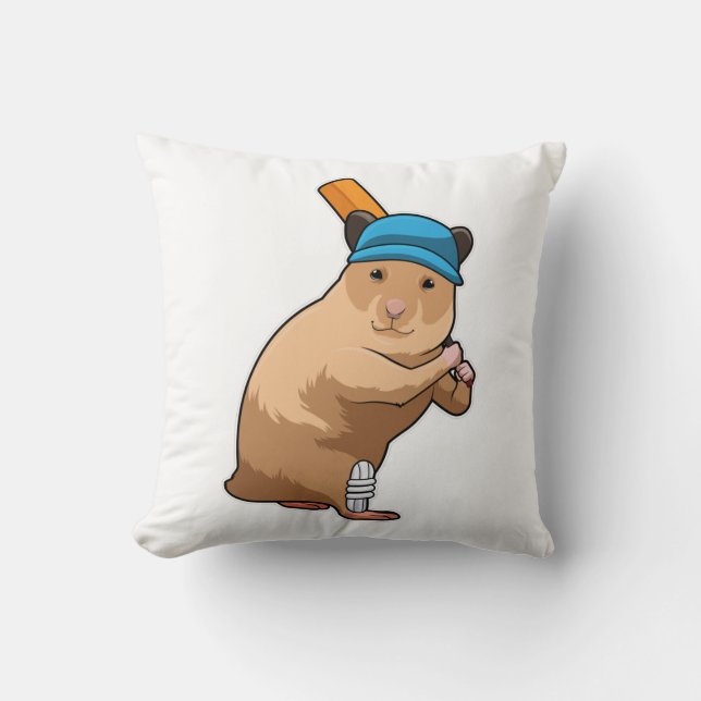 Hamster at Cricket with Cricket bat Throw Pillow (Front)