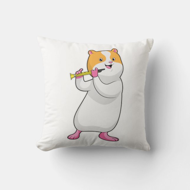Hamster at Music with Flute Throw Pillow (Front)