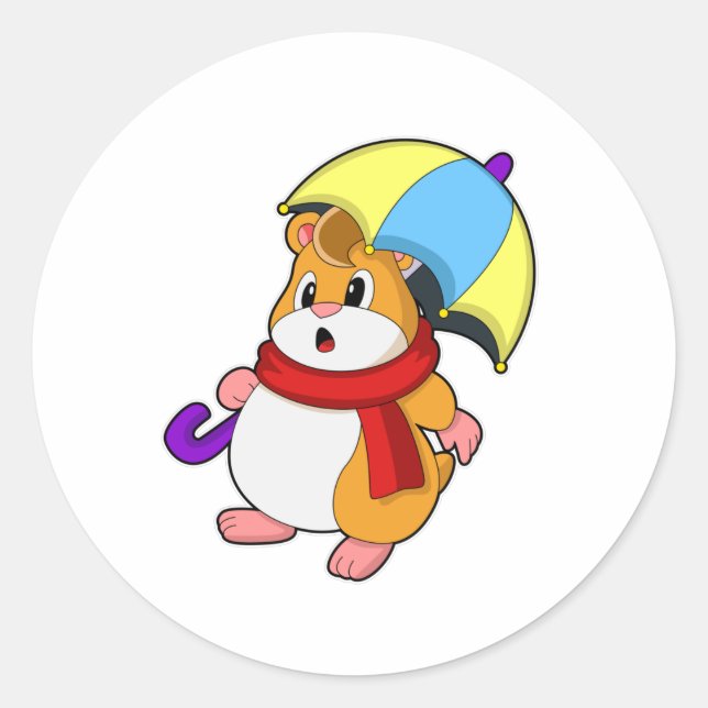 Hamster at Rain with Umbrella Classic Round Sticker (Front)