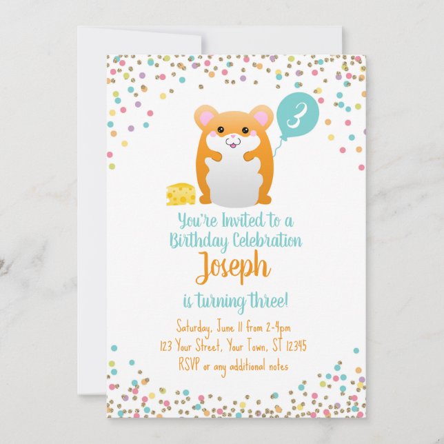 Hamster Birthday Party Invitation Blue Confetti (Front)