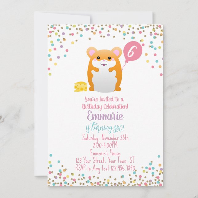 Hamster Birthday Party Invitation Confetti Glitter (Front)