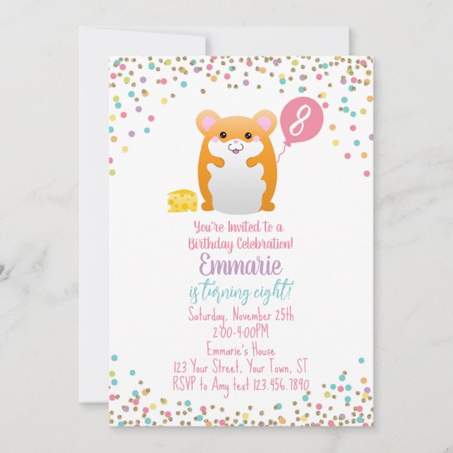 Hamster Birthday Party Invitation Confetti Glitter (Front)