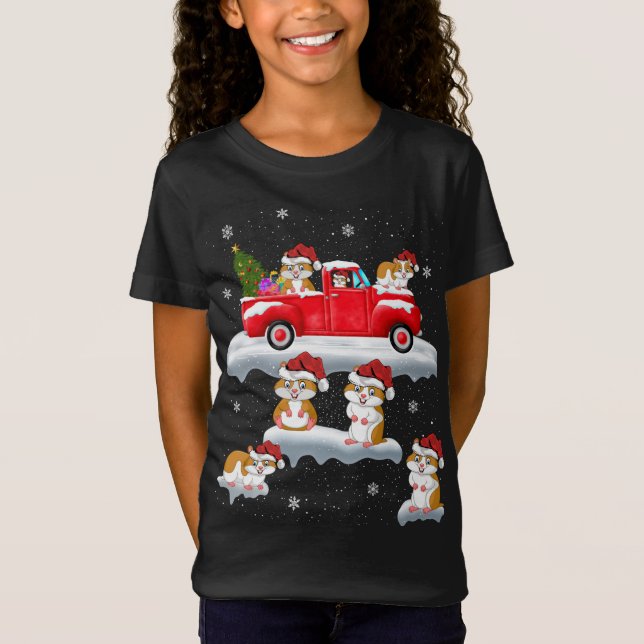 Hamster Driving Christmas Tree Red Truck Hamster C T-Shirt (Front)