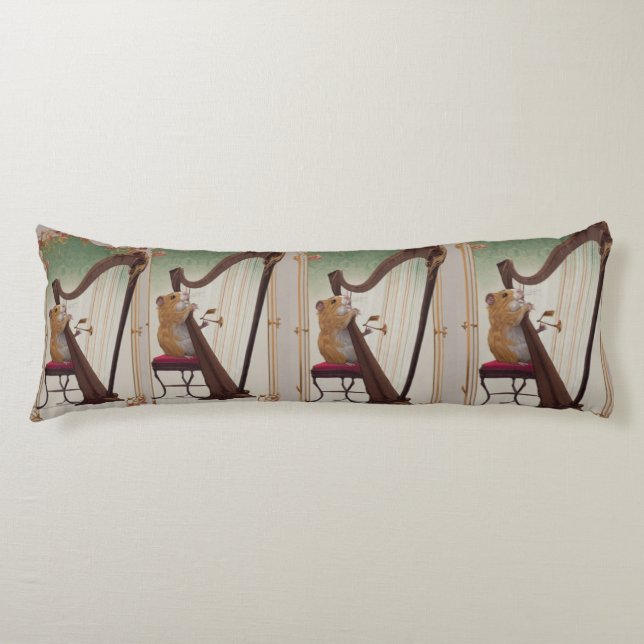 Hamster Harpist – Elegant Musical Illustration Body Pillow (Front)