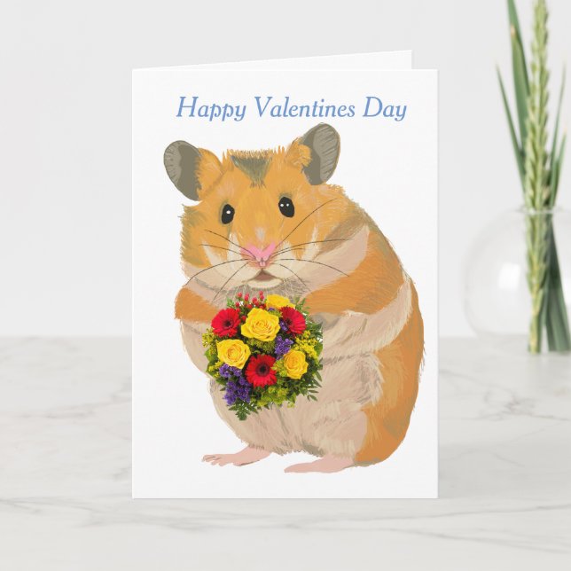 Hamster holdind a bouquet editable Valentine’s Holiday Card (Front)