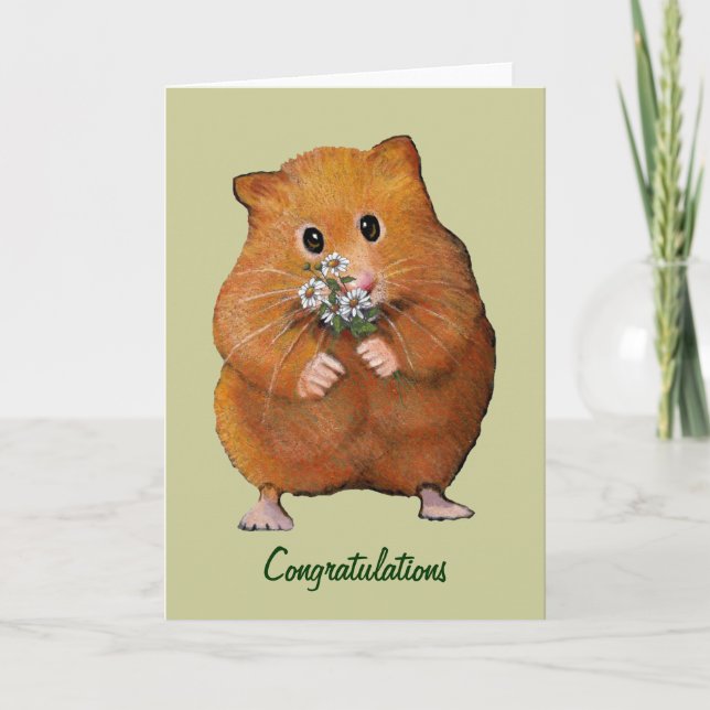 Hamster Holding Daisies: General Congratulations Card (Front)