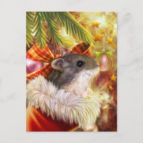 Hamster in a Christmas sock realistic painting Holiday Postcard