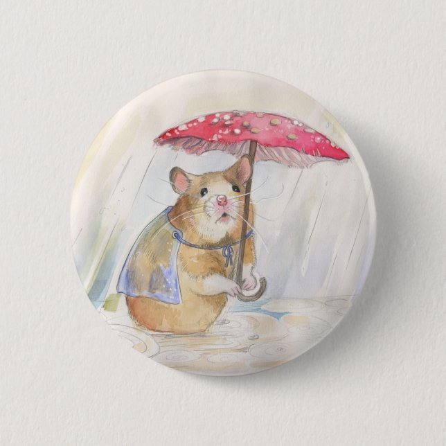 Hamster in the Rain- Funny Mushroom Pinback Button (Front)