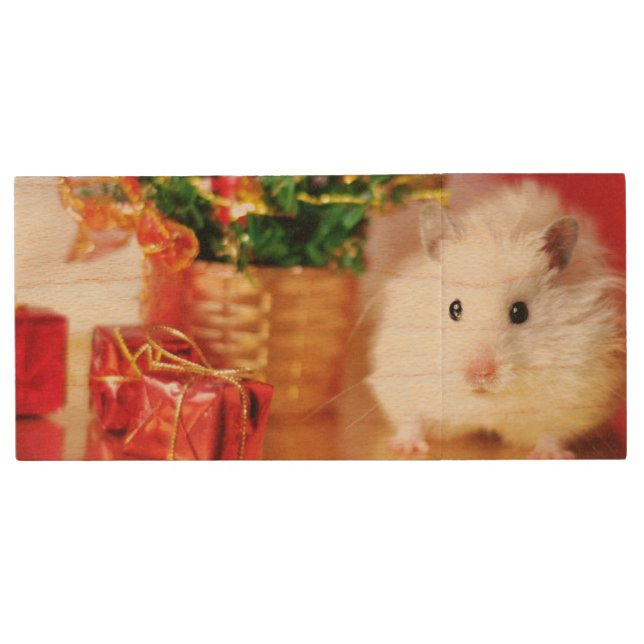 Hamster Kokolinka with Christmas tree Wood USB Flash Drive (Front)