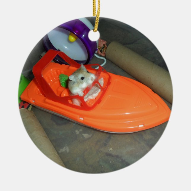 Hamster on a boat ceramic ornament (Front)