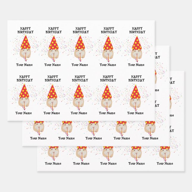 Hamster Partying - Animals at Birthday Party Name Wrapping Paper Sheets (Set)