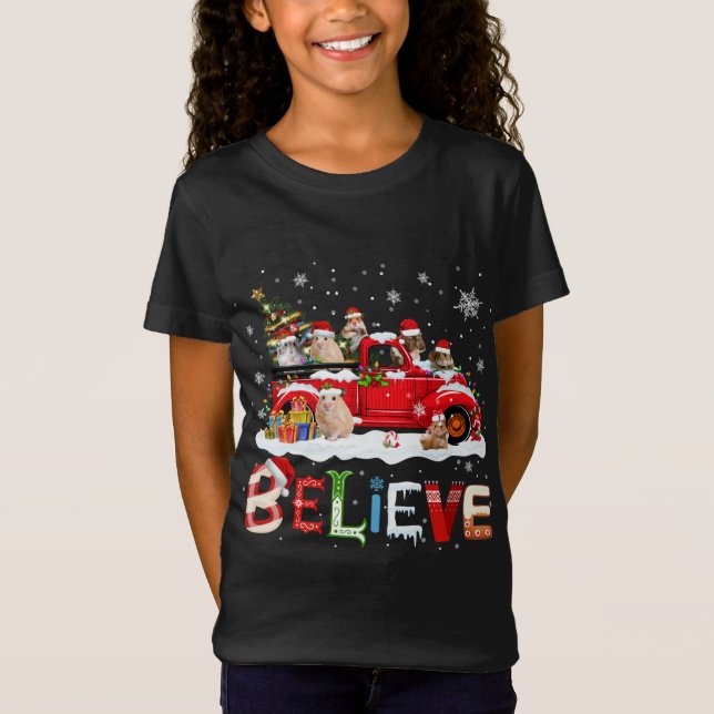 Hamster Riding Red Truck Christmas Tree Believe Sa T-Shirt (Front)