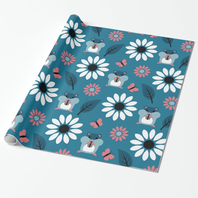 Hamster & Sunflower Seamless Pattern Wrapping Paper (Unrolled)