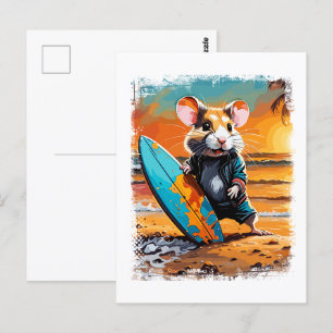 Hamster Surfing Cute Colorful Comic Illustration Postcard