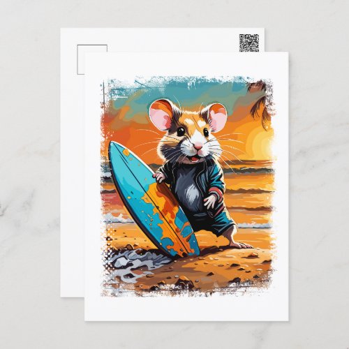 Hamster Surfing Cute Colorful Comic Illustration Postcard