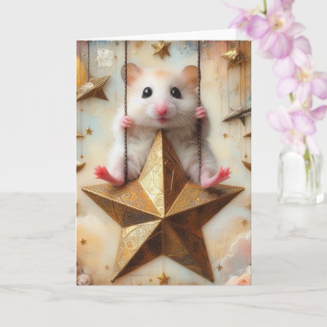 Hamster Swings on Golden Star Cute All Occasions  Card (Orchid)