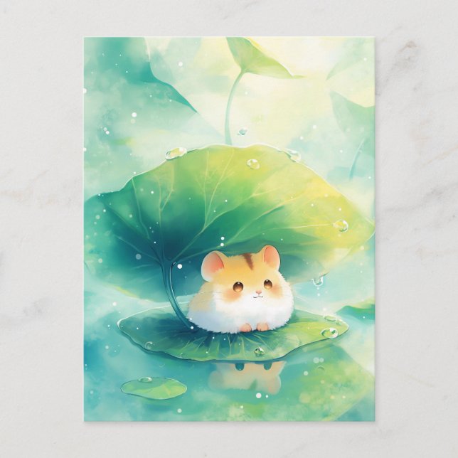 Hamster Under Green Leaf Umbrella on Pond Postcard (Front)