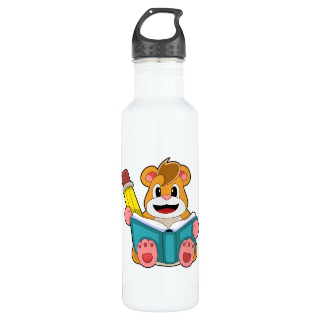 Hamster with Book and Pen Stainless Steel Water Bottle (Front)