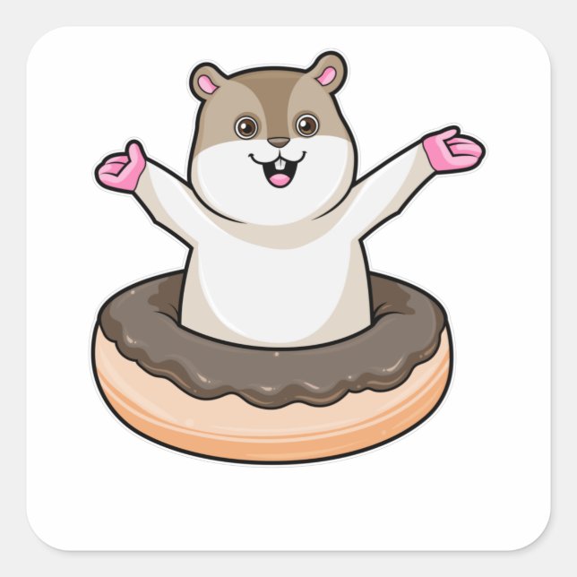 Hamster with Chocolate Donut Square Sticker (Front)