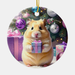 Hamster with Gift Christmas Ceramic Ornament