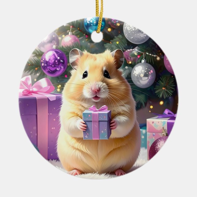 Hamster with Gift Christmas Ceramic Ornament (Front)