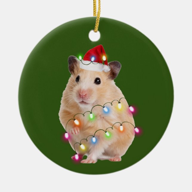 Hamster With Hat Lights Christmas Ceramic Ornament (Front)