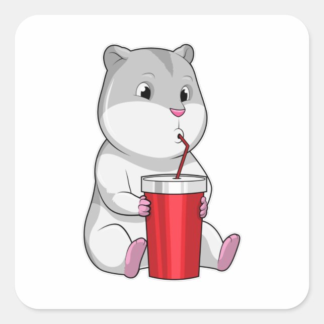 Hamster with Mug & Drinking straw Square Sticker (Front)