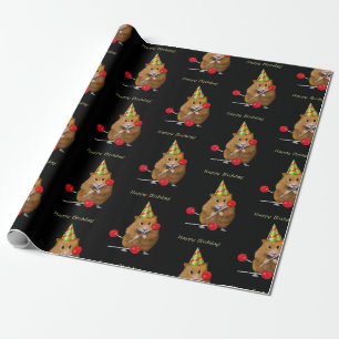 Hamster with Party Hat and Lollipops on Black Wrapping Paper
