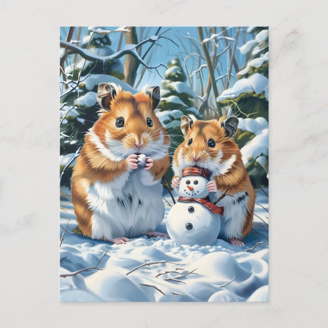 Hamsters and Snowman Postcard (Front)