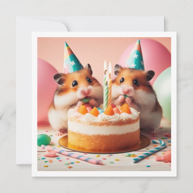 Hamsters eating cake birthday invitation (Front)