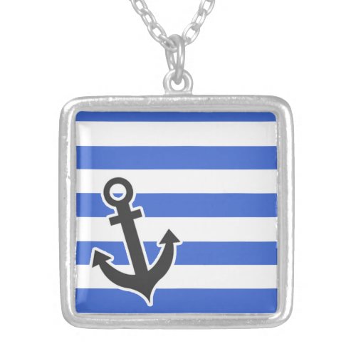 Han Blue Horizontal Stripes Nautical Anchor Silver Plated Necklace
