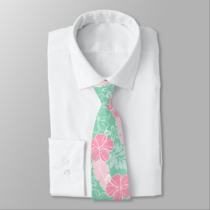 Hana Hawaiian Hibiscus Tropical - Mint and Pink Neck Tie