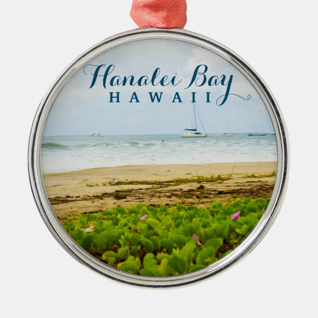 Hanalei Bay Kauai Hawaii Beach & Boats Metal Ornament (Front)