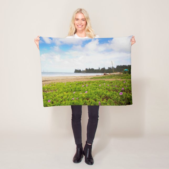 Hanalei Bay, Kauai Hawaii Beach Flowers Fleece Blanket (In Situ)