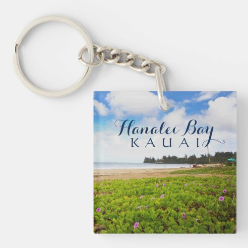 Hanalei Bay Kauai Hawaii Beach Flowers Keychain