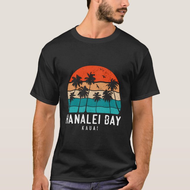 Hanalei Bay Kauai Hawaii Hi Beach Palm Tree T-Shirt (Front)