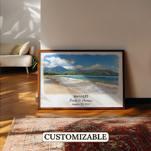 Hanalei Hawaii Poster, Watercolor, Custom Poster