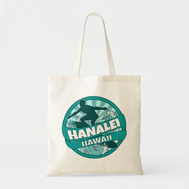 Hanalei Hawaii teal surfer logo tote bag (Front)