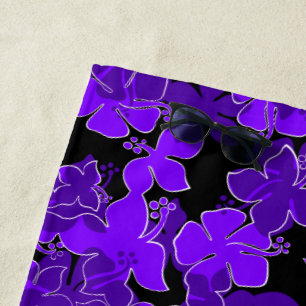 Hanalei Hawaiian Hibiscus Camo Floral - Purple Beach Towel