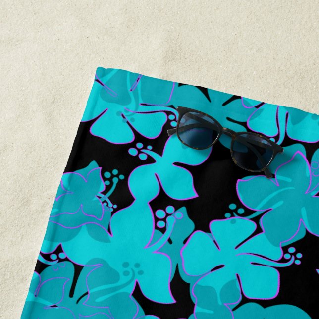 Hanalei Hawaiian Hibiscus Camo Floral - Teal Beach Towel (In Situ)