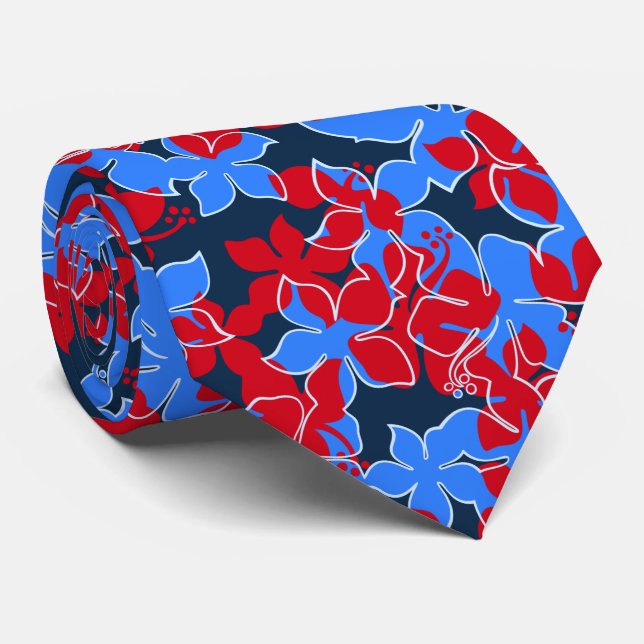 Hanalei Hawaiian Hibiscus Floral Two-sided Printed Neck Tie (Rolled)