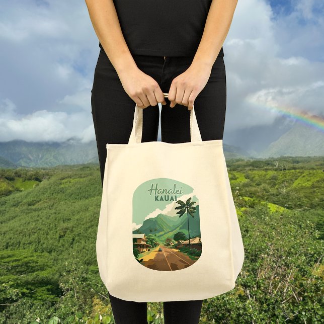 Hanalei Kauai Hawaii Bay Mountains Green Tote Bag (Hanalei, on Kauai's North Shore  in Hawaii, depicted on a retro design tote bag, and lush mountains)