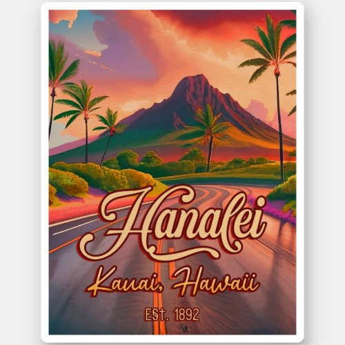 Hanalei Kauai Hawaii Retro Volcano Road 1950s Sticker