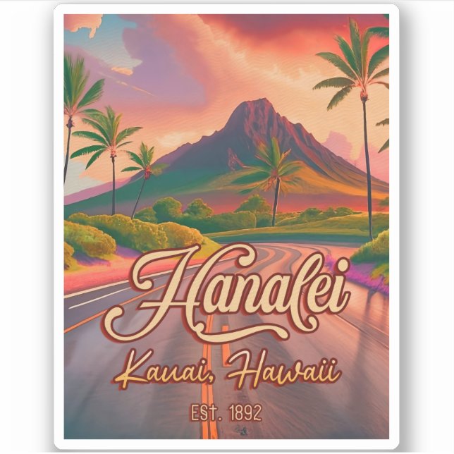 Hanalei Kauai Hawaii Retro Volcano Road 1950s Sticker (Front)