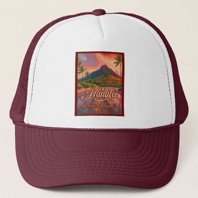 Hanalei Kauai Hawaii Retro Volcano Road 1950s Trucker Hat (Front)