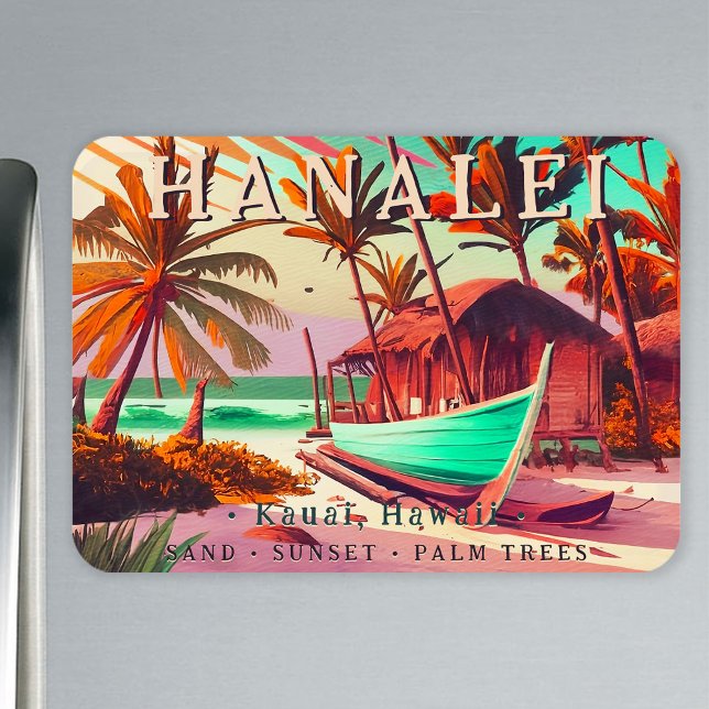 Hanalei Kauai Hawaii tropical sunset palm tree 60s Magnet (Creator Uploaded)