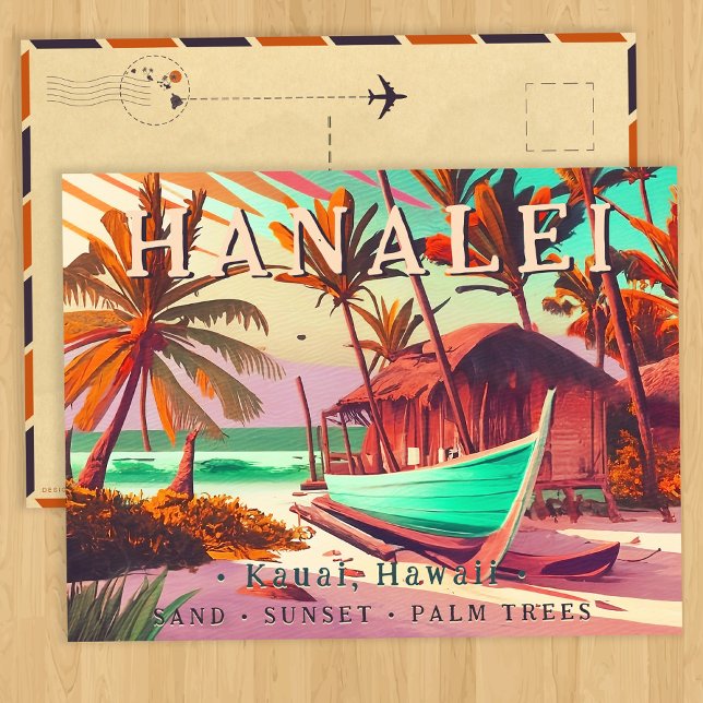 Hanalei Kauai Hawaii tropical sunset palm tree 60s Postcard (Creator Uploaded)