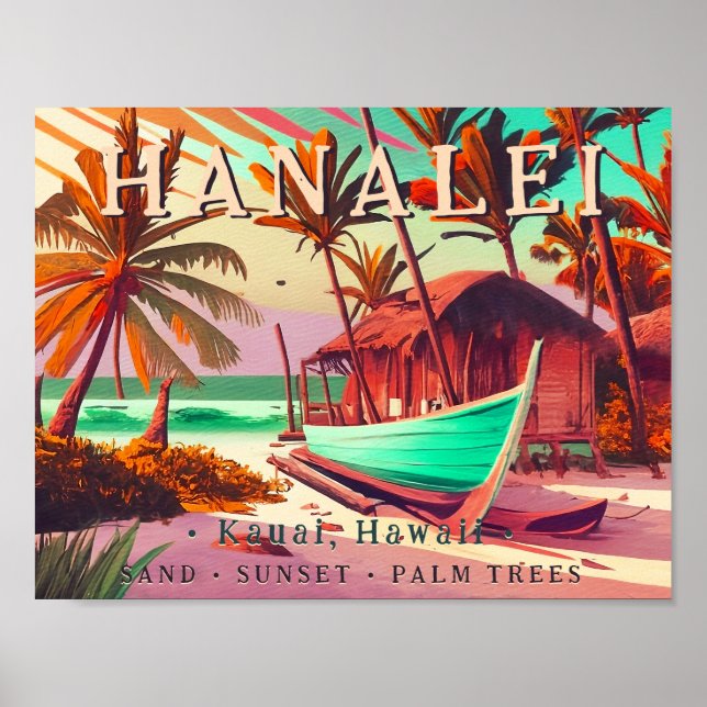 Hanalei Kauai Hawaii tropical sunset palm tree 60s Poster (Front)