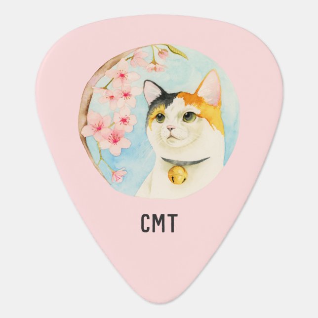 Hanami | Calico Cat and Cherry Blossom | Monogram Guitar Pick (Front)