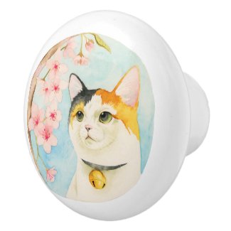 Hanami | Calico Cat and Cherry Blossom Watercolor Ceramic Knob